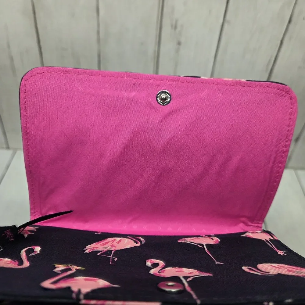 Vera Bradley Pink Flamingo Quilted Wallet Navy Blue RFID Multi Compartment GUC